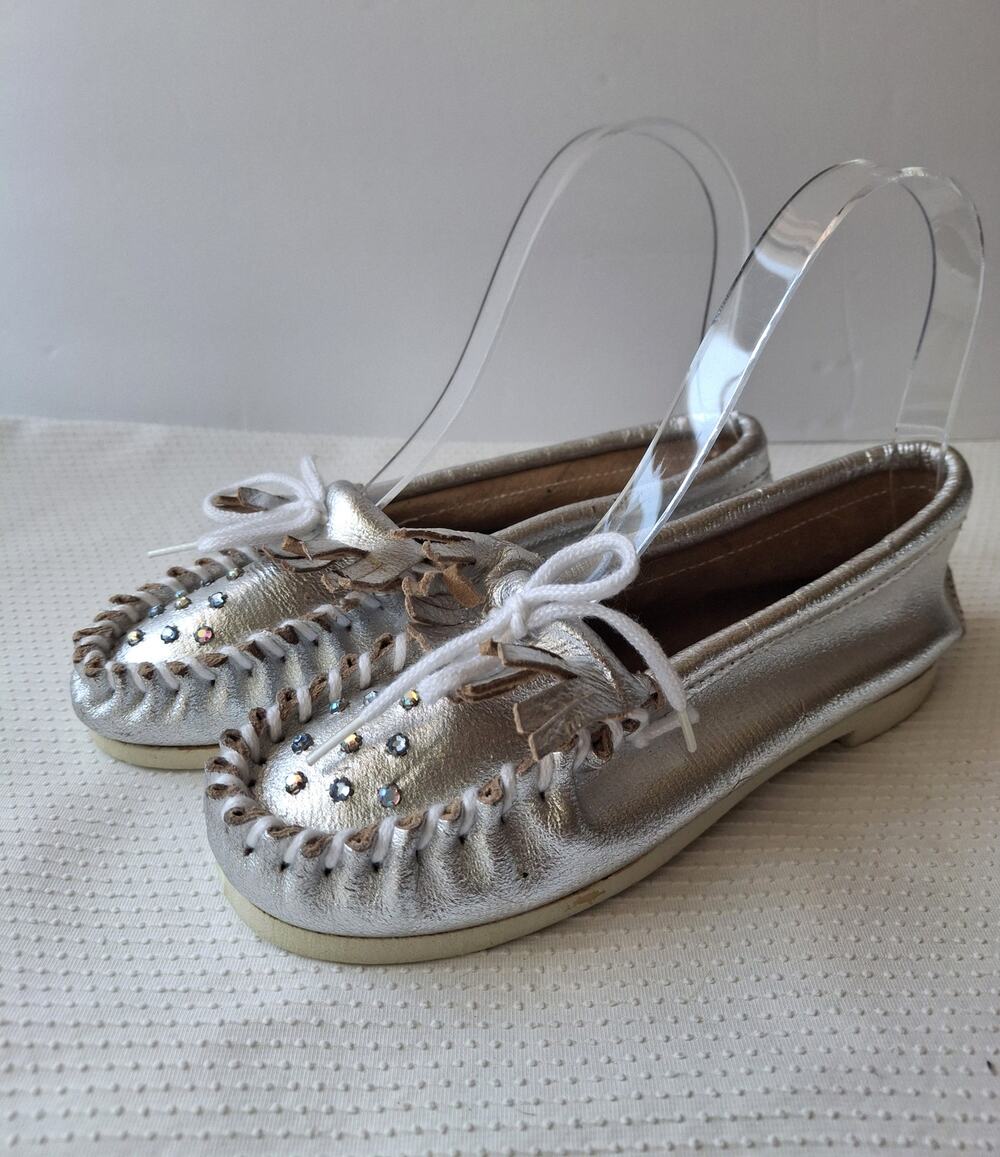 Vtg Morning Star Americraft Silver Metallic Kids Moccasins Shoes Size 12 *Flaw*